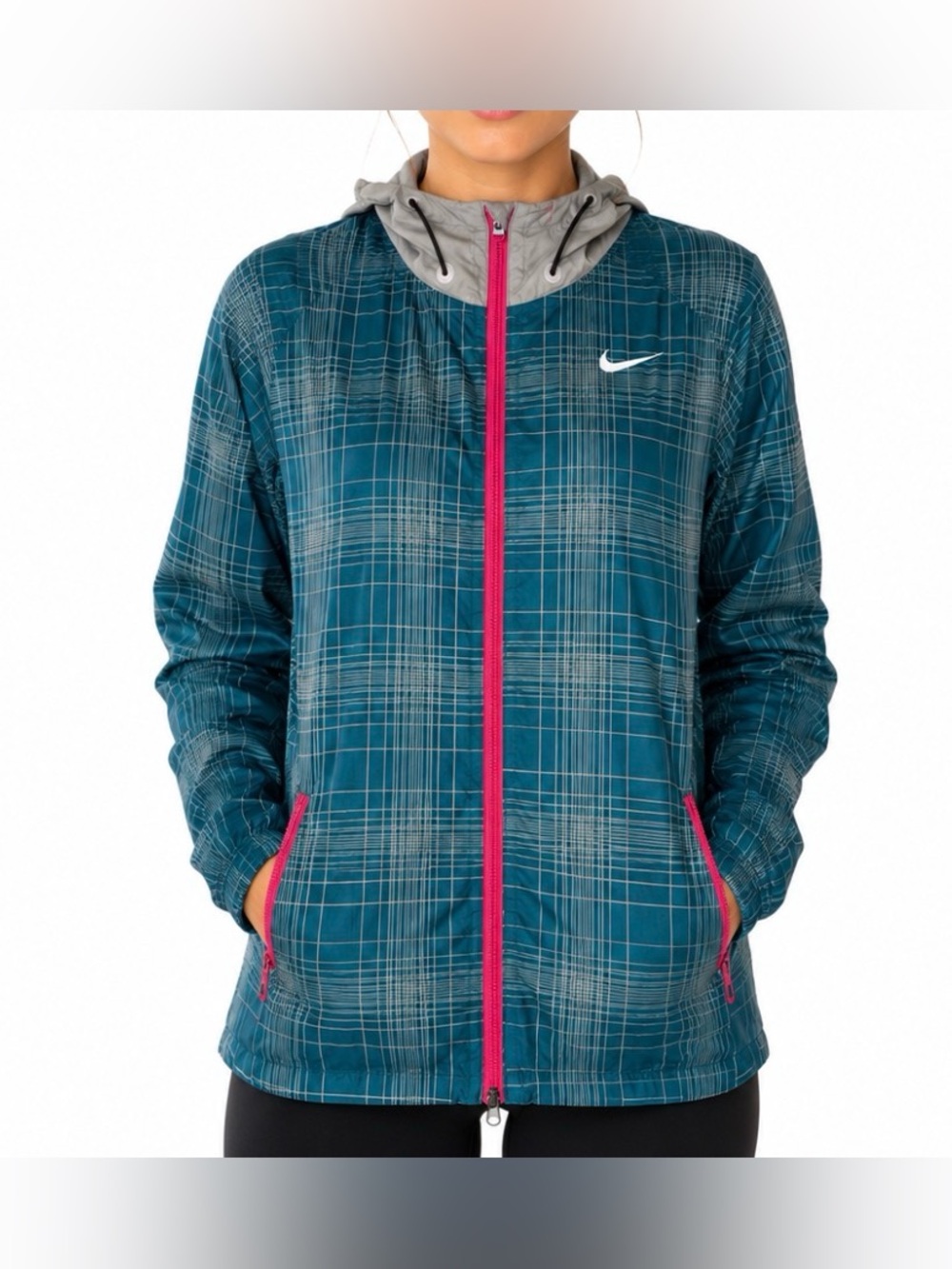 Nike Running Plaid Windbreaker Hooded Jacket Size Medium